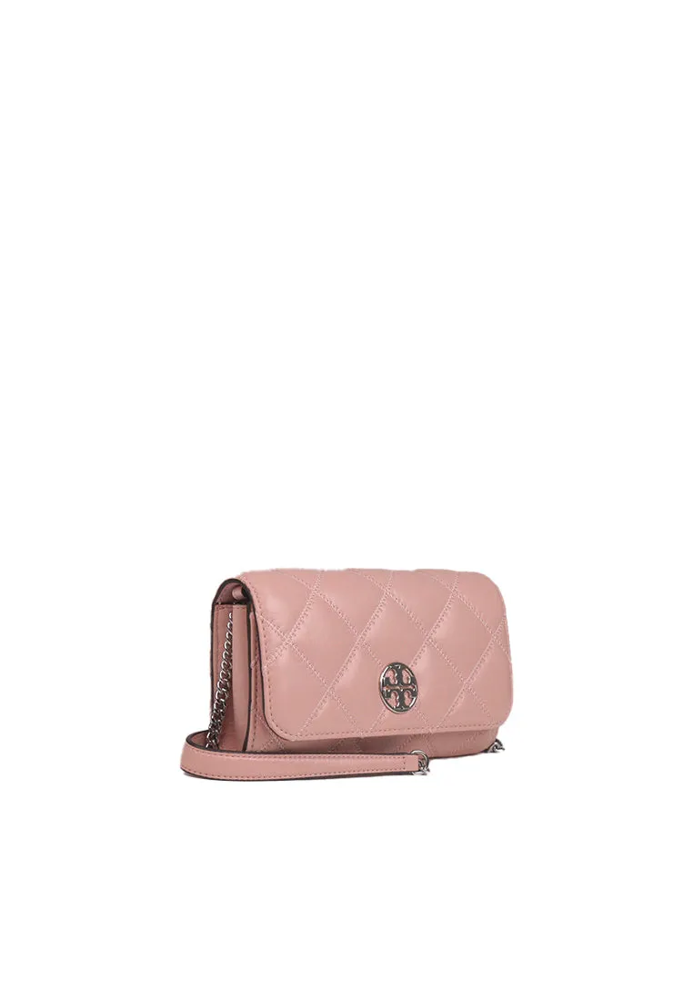 ( AS IS ) Tory Burch Willa Crossbody Glazed Chain Wallet In Rose Sachet 156095