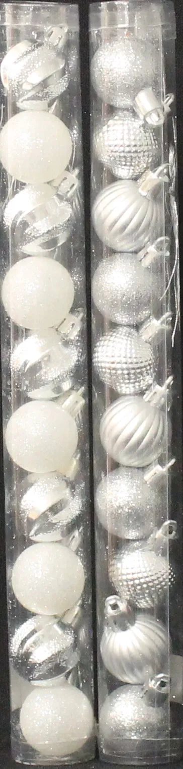 10-Pack of 30MM Mini Shatterproof Textured Glitter Ball Ornaments (Silver/White)