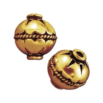 11mm Brass Plated Antique Gold Bali Style Heart Pattern Round Beads (5 Pieces)