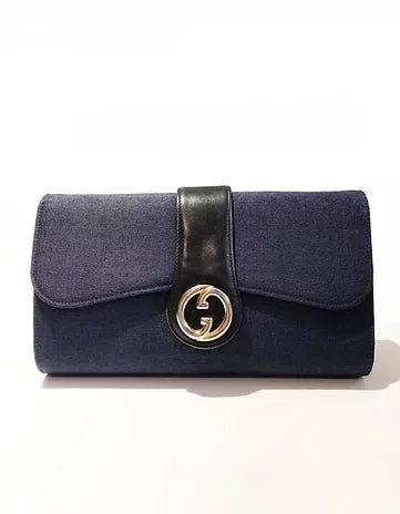 1980's GUCCI NAVY BLUE LOGO CLUTCH Canvas BAG