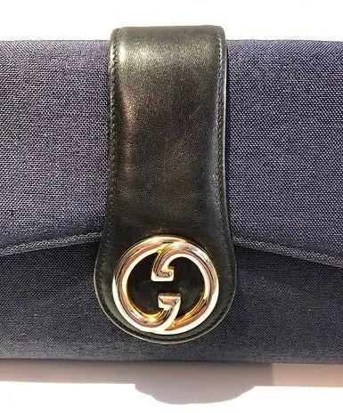 1980's GUCCI NAVY BLUE LOGO CLUTCH Canvas BAG