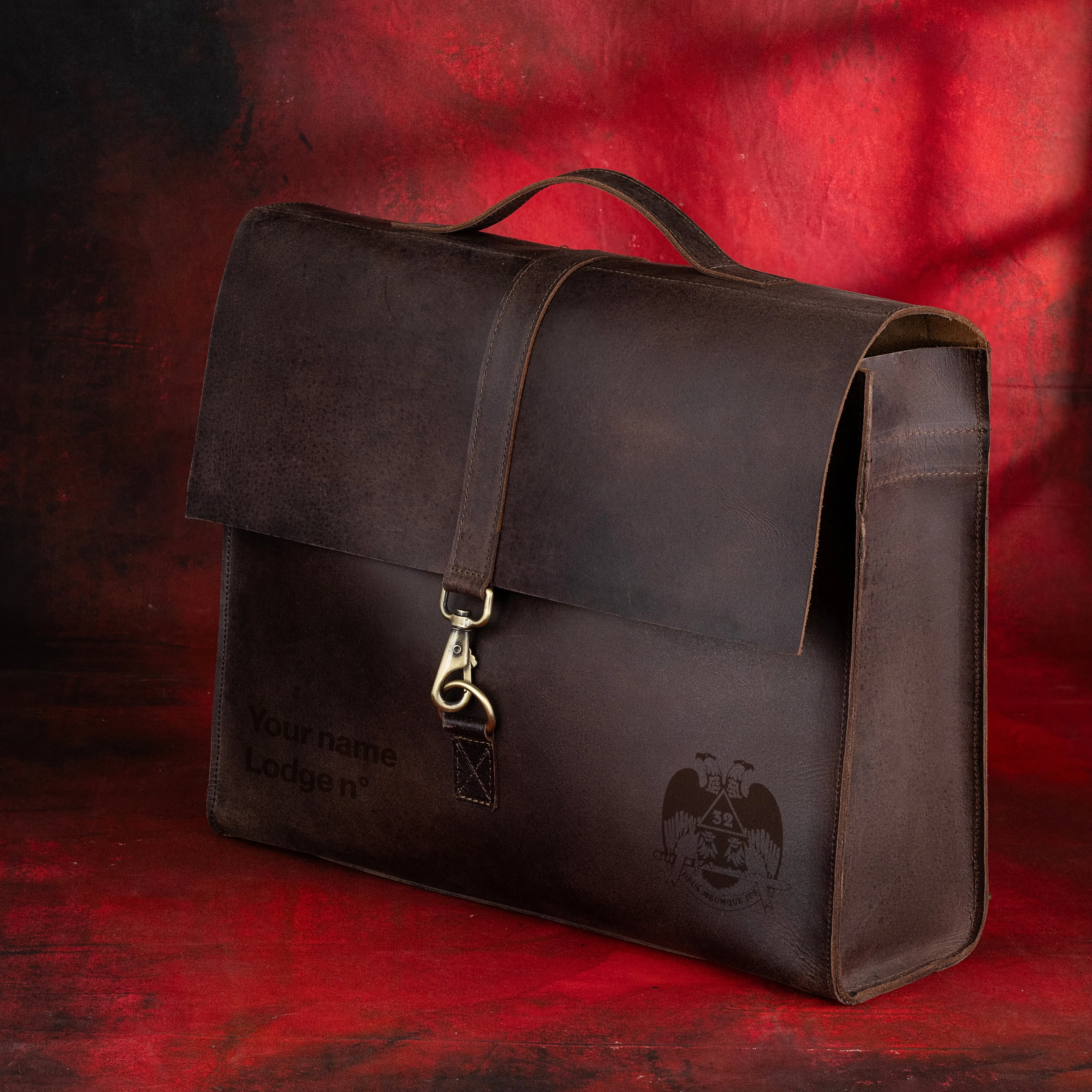 32nd Degree Scottish Rite Briefcase - Wings Down Genuine Cow Leather Convertible Bag