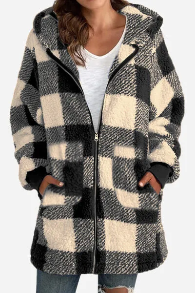 4 Colors! Double Take Full Size Plaid Long Sleeve Hooded Coat