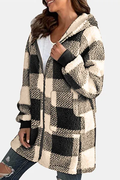 4 Colors! Double Take Full Size Plaid Long Sleeve Hooded Coat