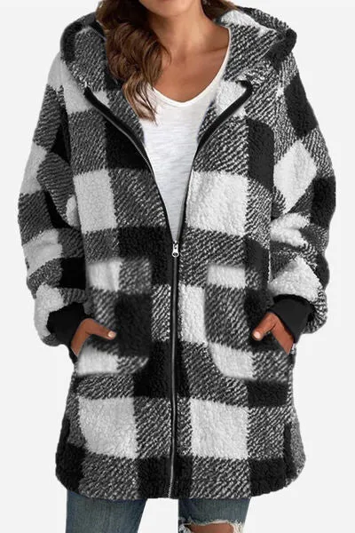 4 Colors! Double Take Full Size Plaid Long Sleeve Hooded Coat