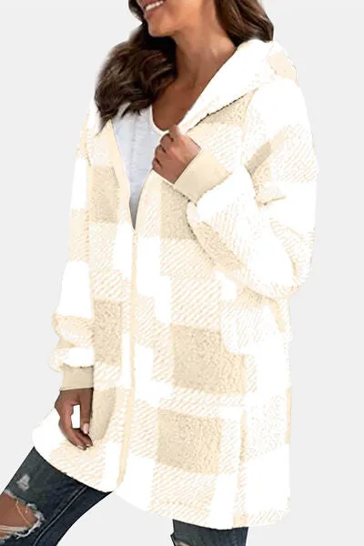 4 Colors! Double Take Full Size Plaid Long Sleeve Hooded Coat