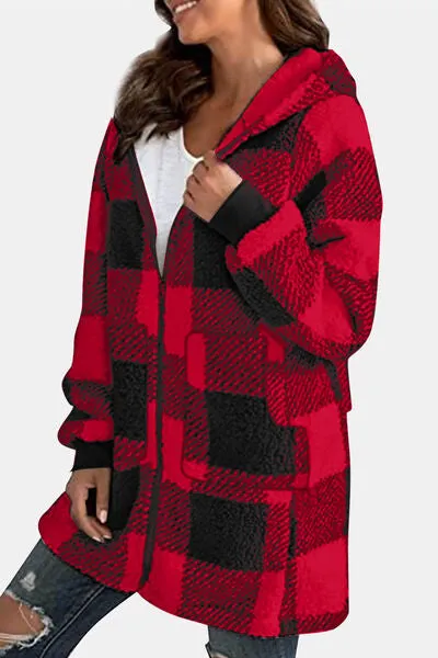 4 Colors! Double Take Full Size Plaid Long Sleeve Hooded Coat