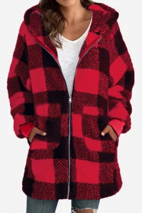 4 Colors! Double Take Full Size Plaid Long Sleeve Hooded Coat