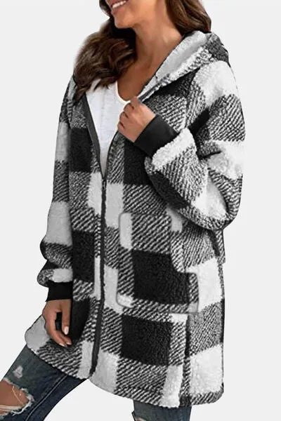 4 Colors! Double Take Full Size Plaid Long Sleeve Hooded Coat