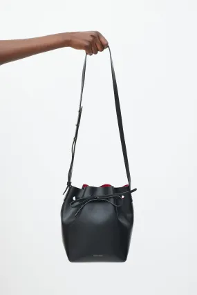 Black Leather Drawstring Bucket Bag