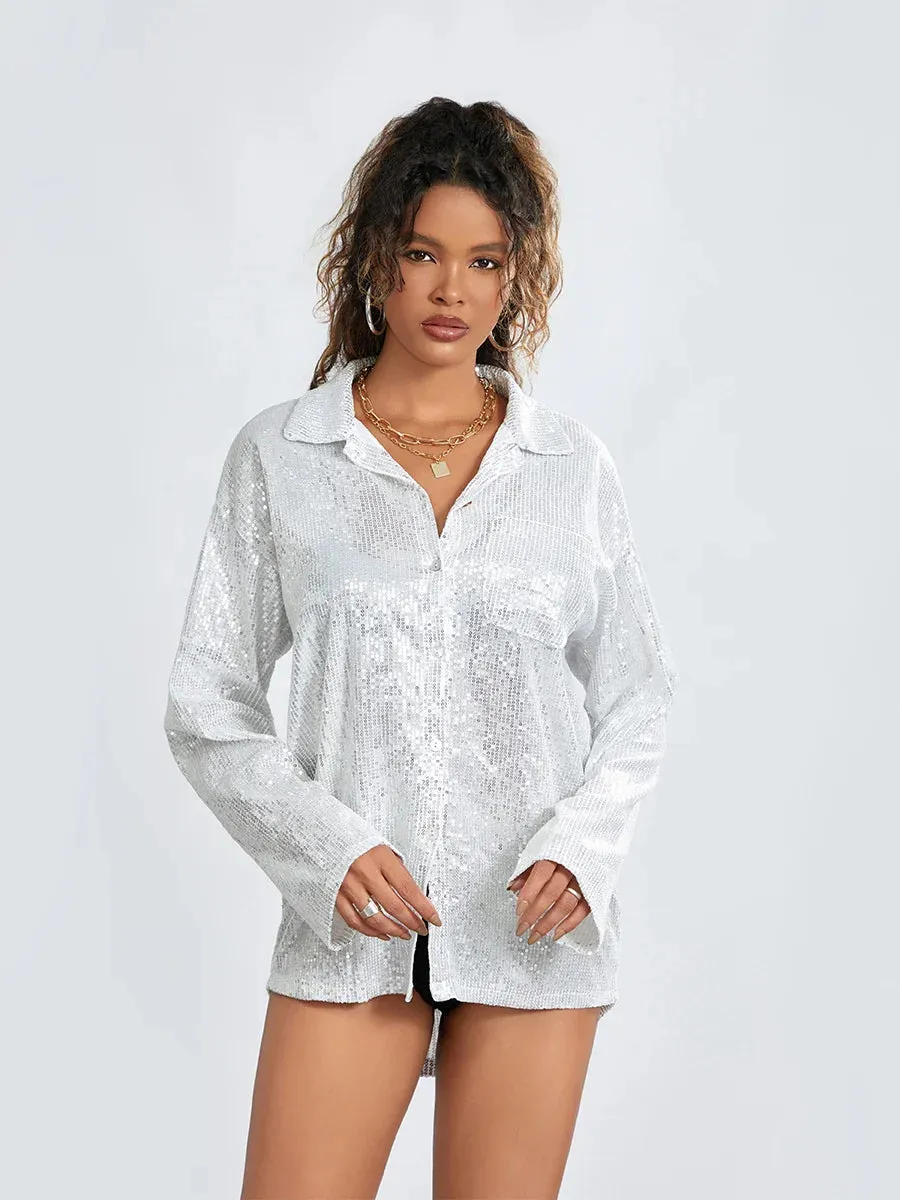 Button Down Oversized V Neck Sparkly Casual Loose Fit Glitter Party Club Sequin Blouse