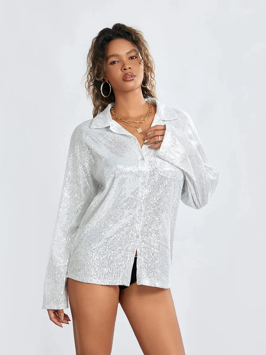 Button Down Oversized V Neck Sparkly Casual Loose Fit Glitter Party Club Sequin Blouse