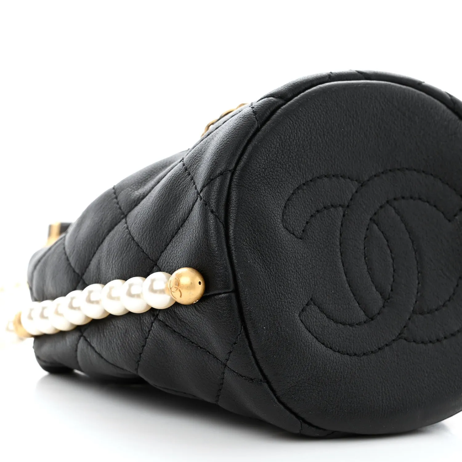 Calfskin Quilted Pearl Mini About Pearls Drawstring Bucket Bag Black