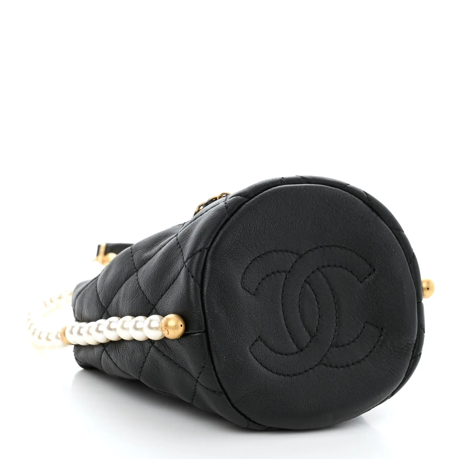 Calfskin Quilted Pearl Mini About Pearls Drawstring Bucket Bag Black