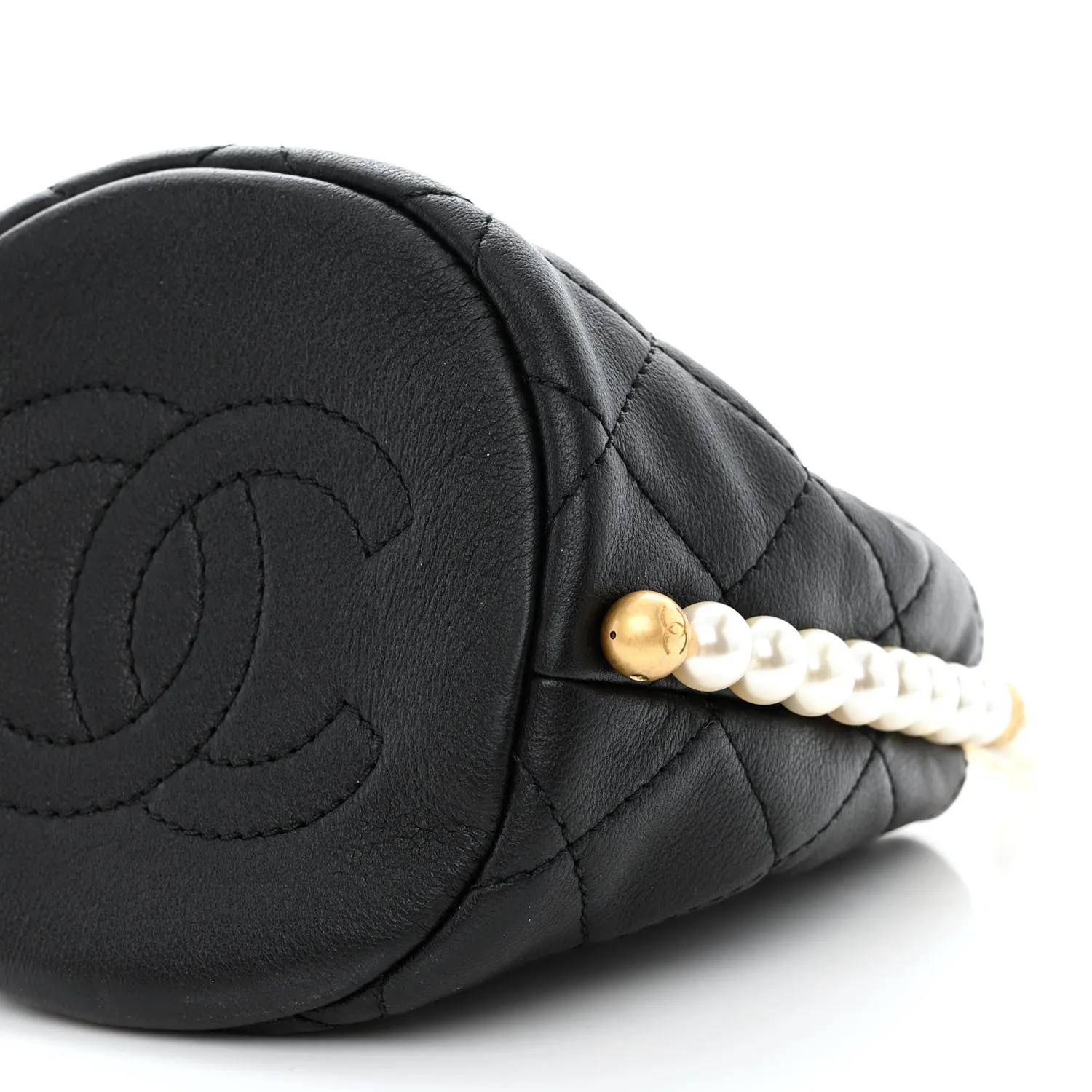 Calfskin Quilted Pearl Mini About Pearls Drawstring Bucket Bag Black