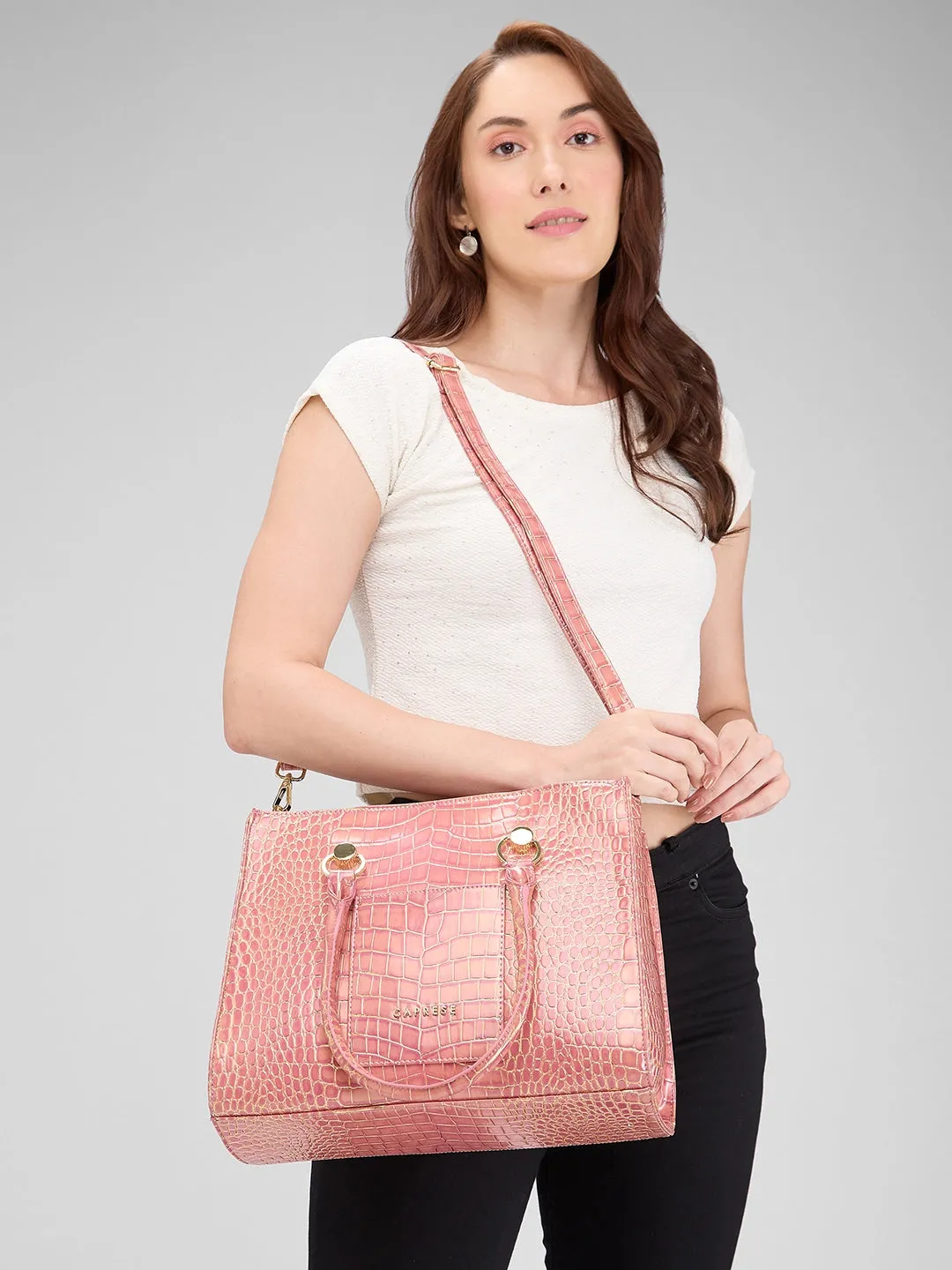 Caprese Miranda Tote Medium Croco Womens Office Handbag Pink