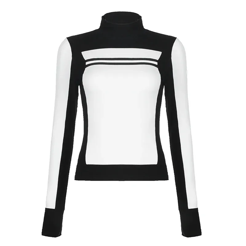 Casual Black White Autumn Pullover Top Skinny Patchwork Turtleneck Tee Shirt Women Basic Long Sleeve Contrast Outfits