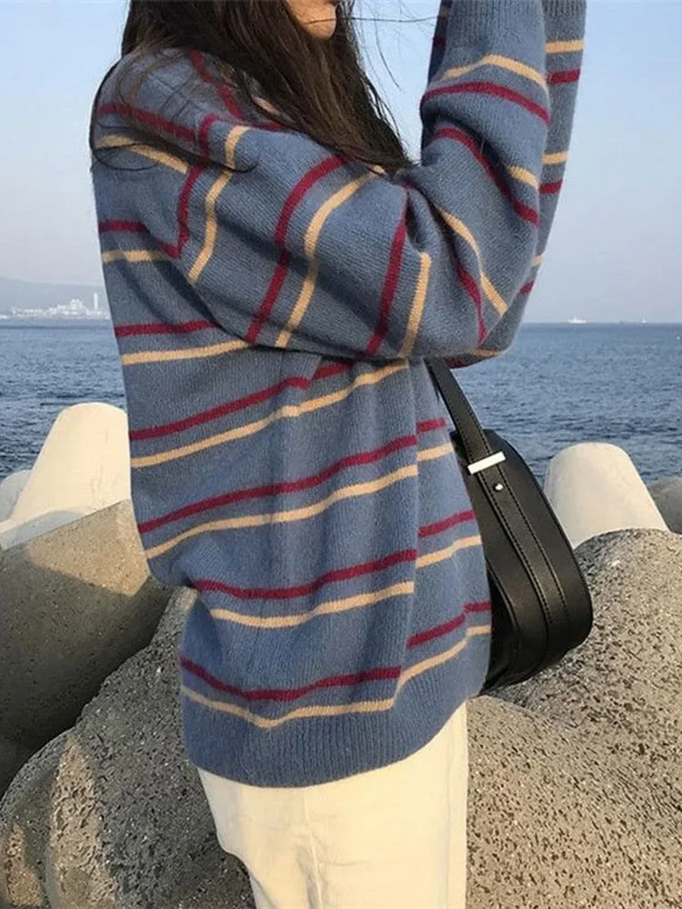 Casual Striped Women Sweater Pullover O Neck Knitted Jumper Winter Thick Student Winter Thick Tops Loose Female Sweater