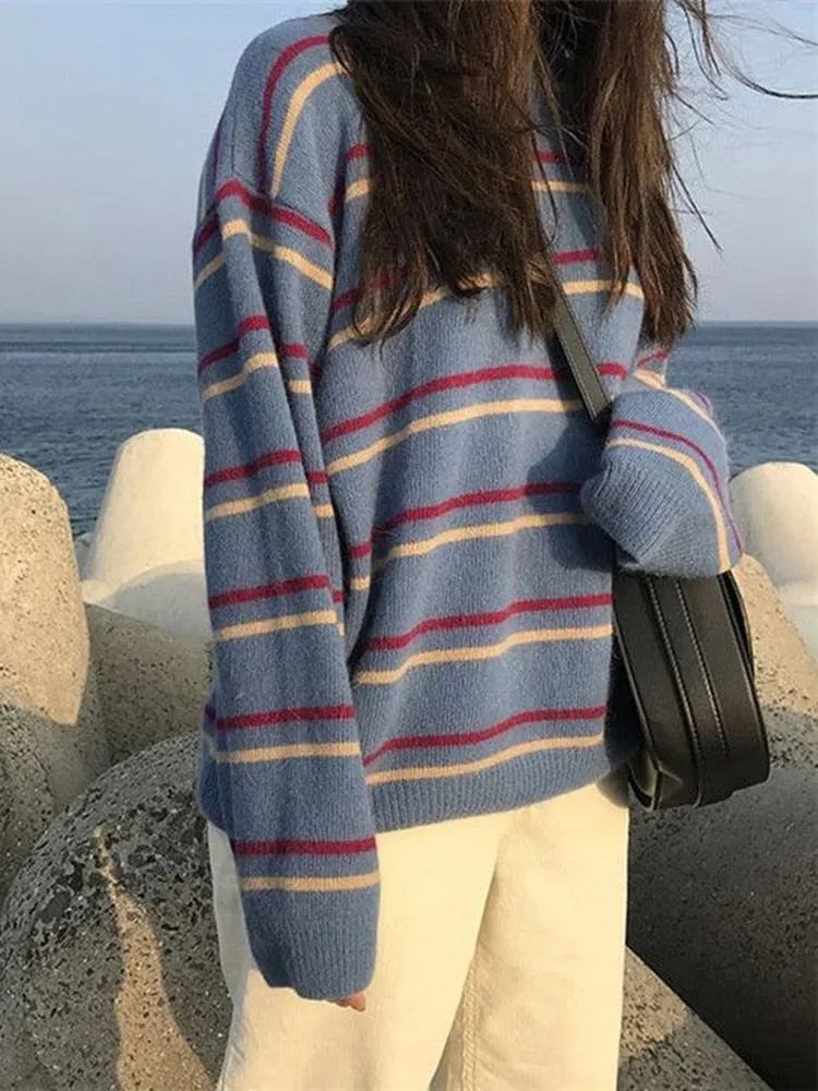 Casual Striped Women Sweater Pullover O Neck Knitted Jumper Winter Thick Student Winter Thick Tops Loose Female Sweater