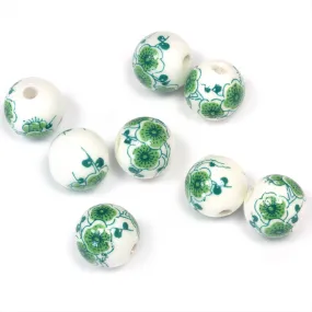 Ceramic Round Green Large Flowers 12mm - Pack of 8