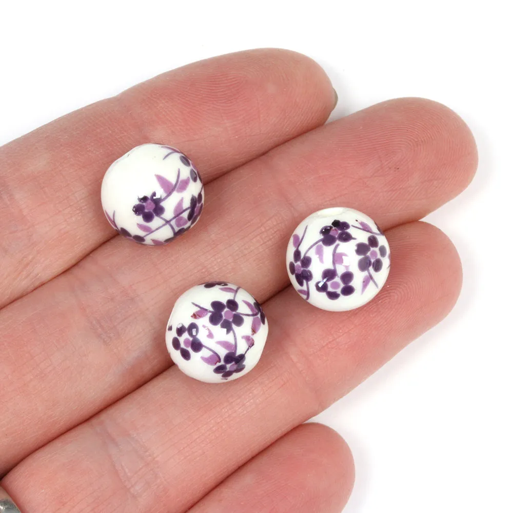 Ceramic Round Purple Flowers 12mm - Pack of 8