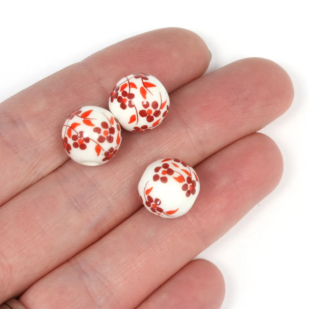 Ceramic Round Red Flowers 12mm - Pack of 8