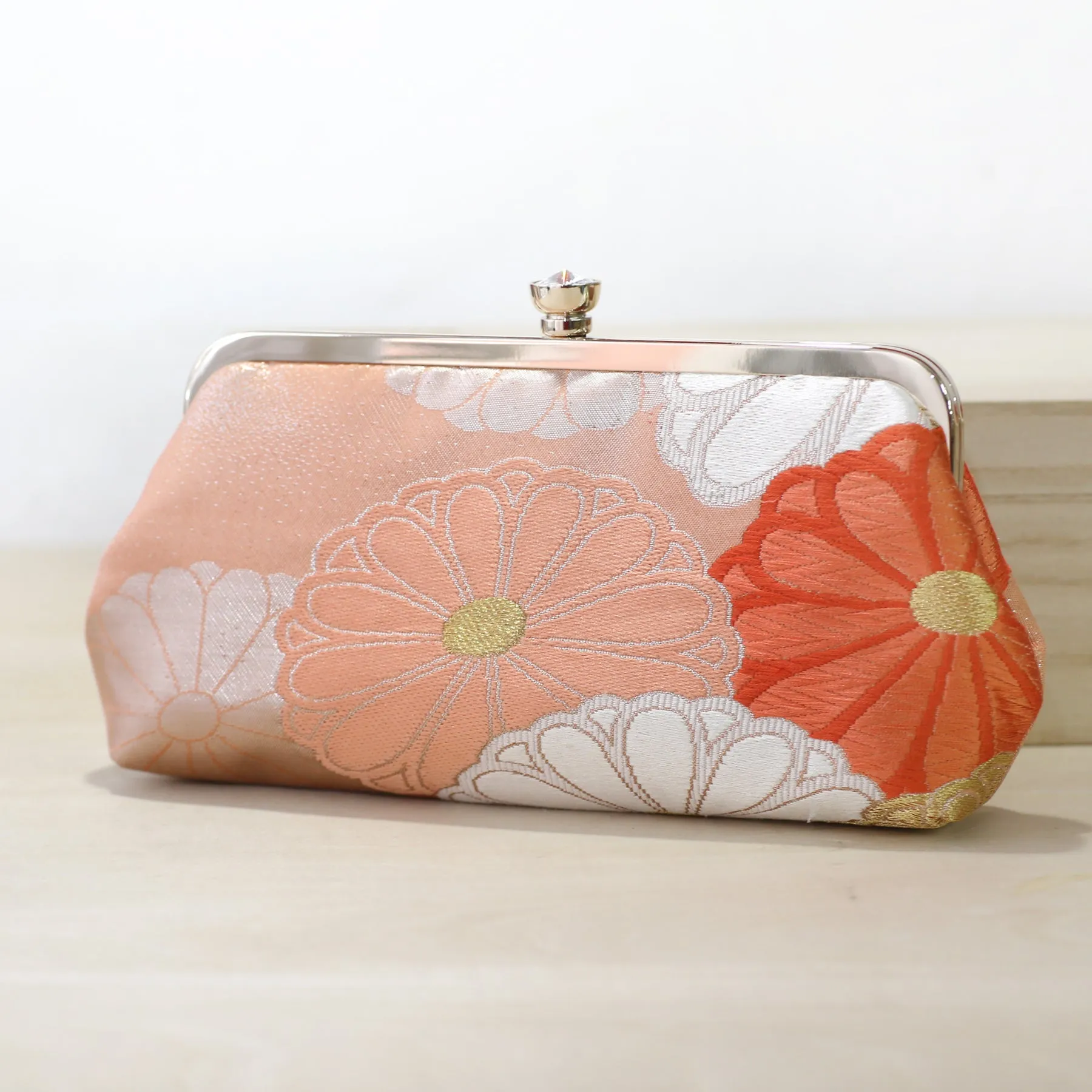 Chrysanthemum Kiku Kimono Clutch in Peach and Silver | Upcycled from vintage Japanese Kimono Obi