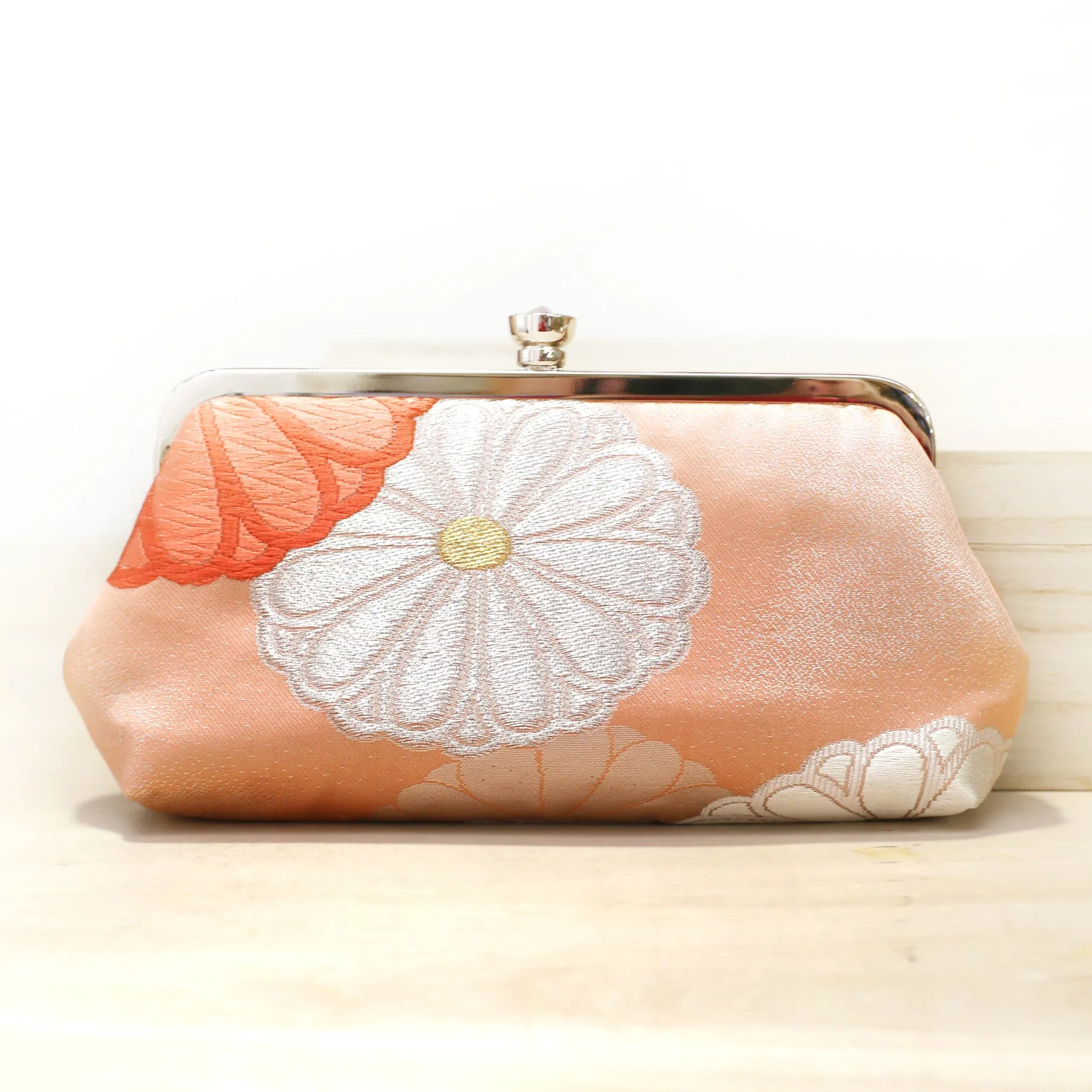 Chrysanthemum Kiku Kimono Clutch in Peach and Silver | Upcycled from vintage Japanese Kimono Obi