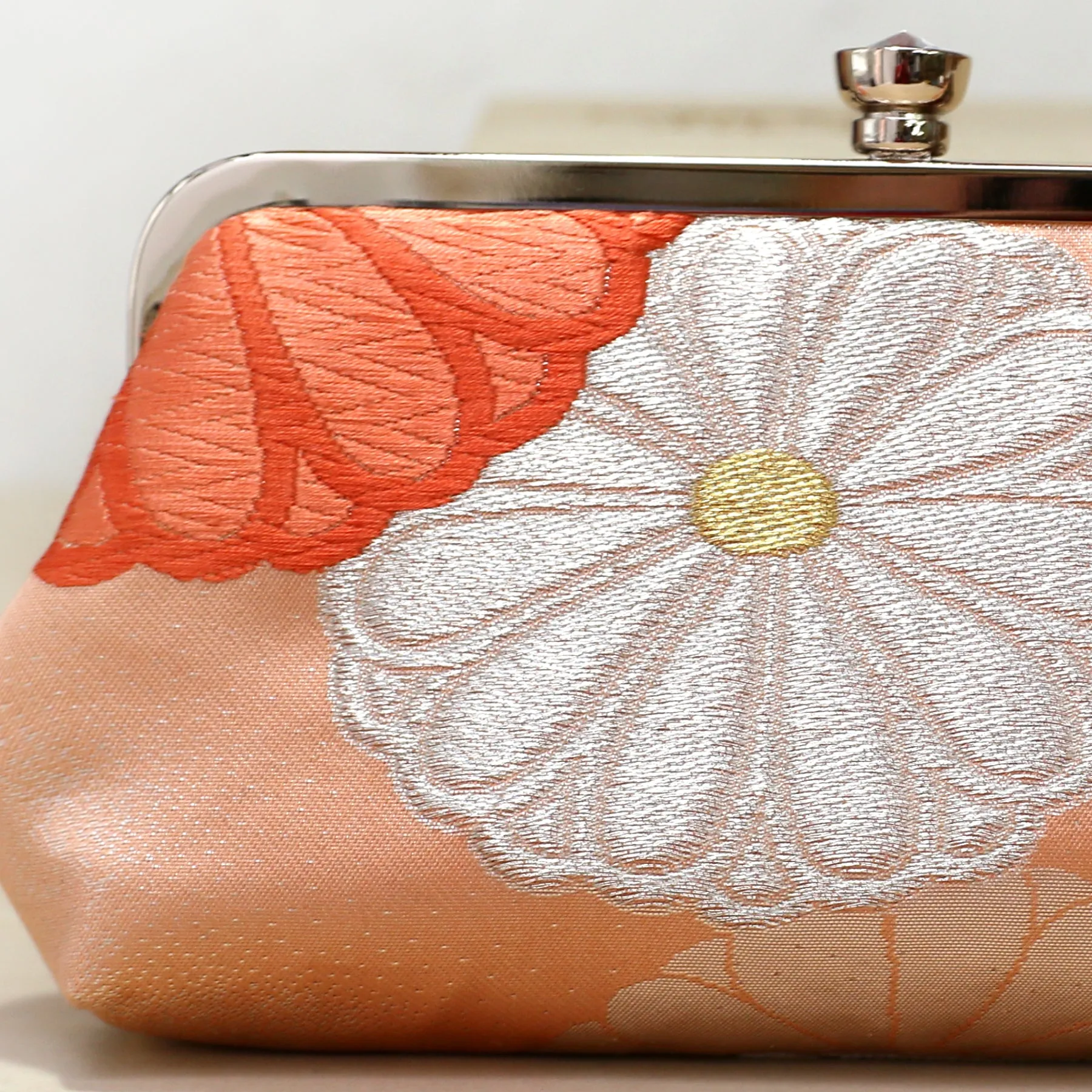 Chrysanthemum Kiku Kimono Clutch in Peach and Silver | Upcycled from vintage Japanese Kimono Obi