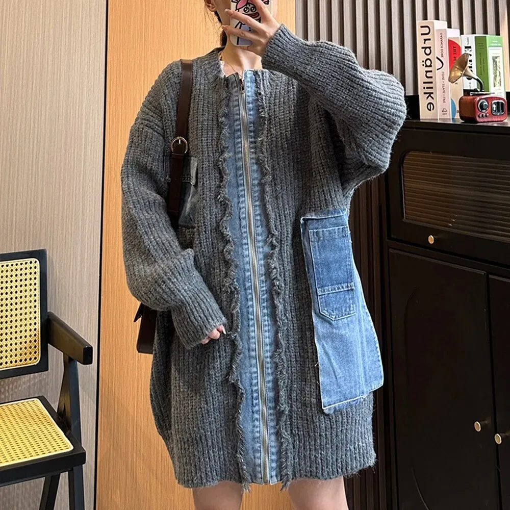 Colorblock Patchwork Denim Knitting Sweaters For Women Round Neck Long Sleeve Spliced Zipper Loose Sweater Female