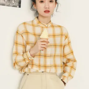 Cotton Women Shirts Preppy Style Yellow Plaid New 2022 Long Sleeve Student Shirt Elegant Designed Spring Fashion Tops