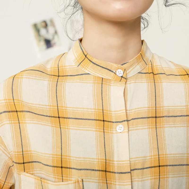 Cotton Women Shirts Preppy Style Yellow Plaid New 2022 Long Sleeve Student Shirt Elegant Designed Spring Fashion Tops