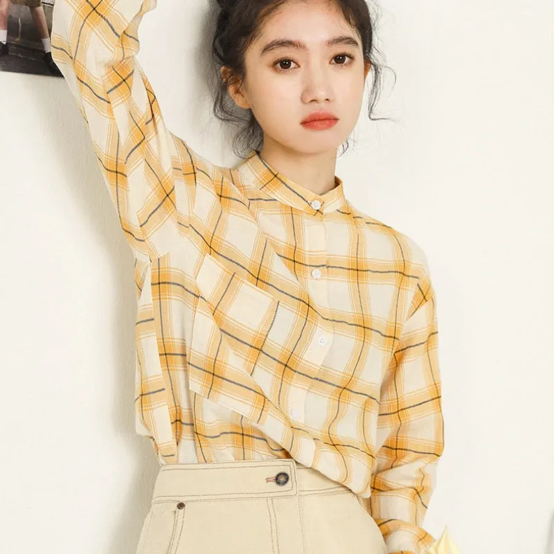 Cotton Women Shirts Preppy Style Yellow Plaid New 2022 Long Sleeve Student Shirt Elegant Designed Spring Fashion Tops