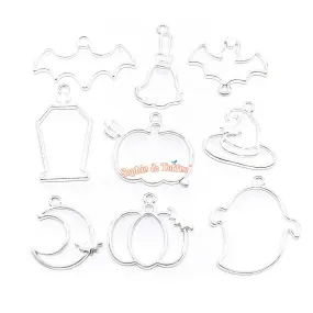 Creepy Cute Halloween Open Bezel Silver Charms (9 pieces)