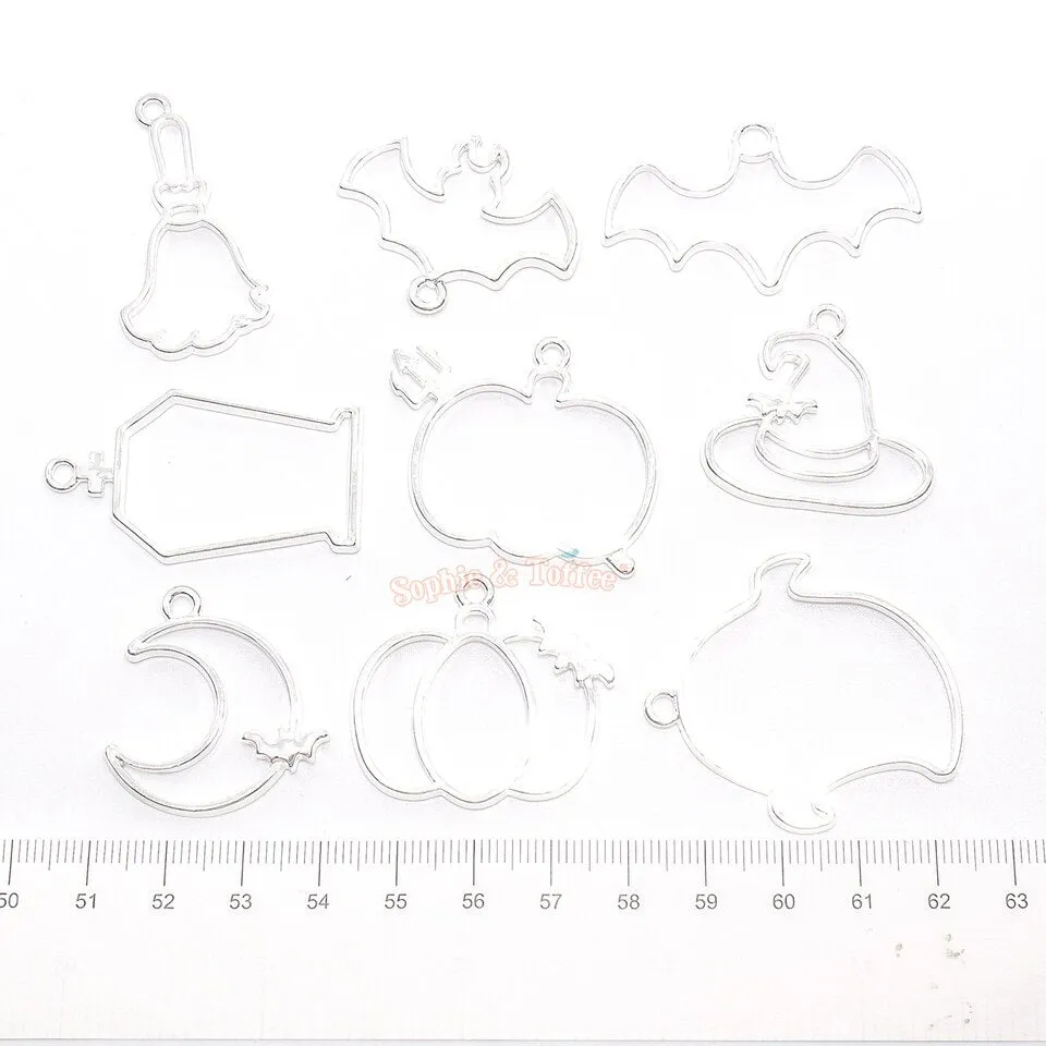 Creepy Cute Halloween Open Bezel Silver Charms (9 pieces)