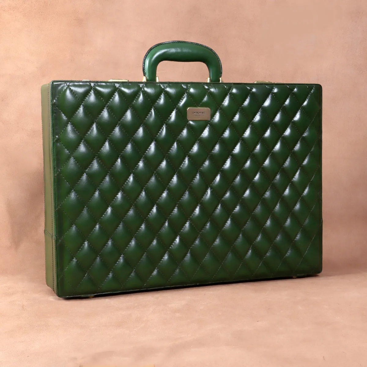 Customized Office Briefcase in Green Diamond Stitched Pattern