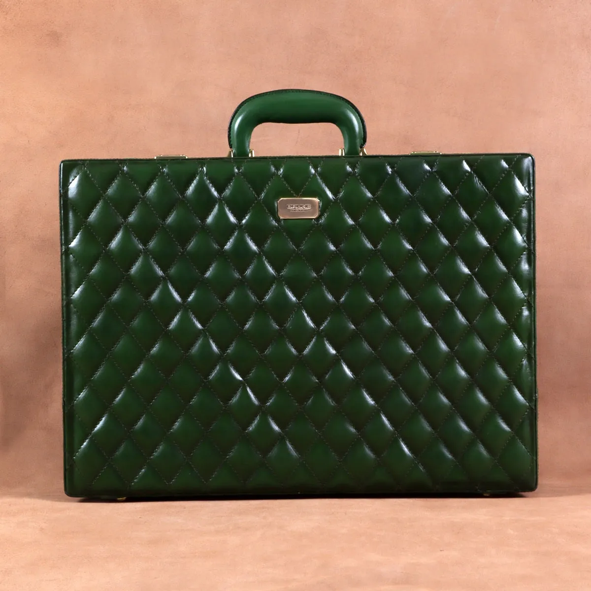 Customized Office Briefcase in Green Diamond Stitched Pattern