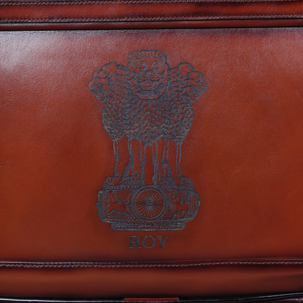 Customized "NATIONAL EMBLEM OF INDIA" Brown Laser Leather Combo of Strolley Bag & Laptop Office Briefcase By Brune & Bareskin