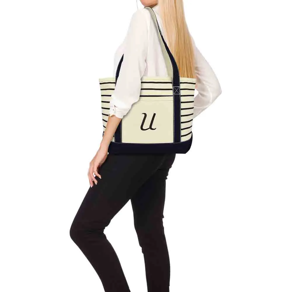 Dalix Striped U-Initial Tote Bag Womens Ballent Letter U