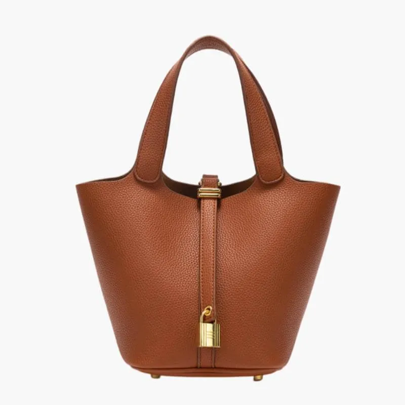 Elegant Vegan Leather Bucket Bag with Gold Accents - Stylish and Versatile Handheld Tote