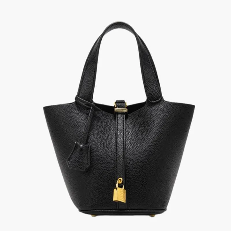 Elegant Vegan Leather Bucket Bag with Gold Accents - Stylish and Versatile Handheld Tote