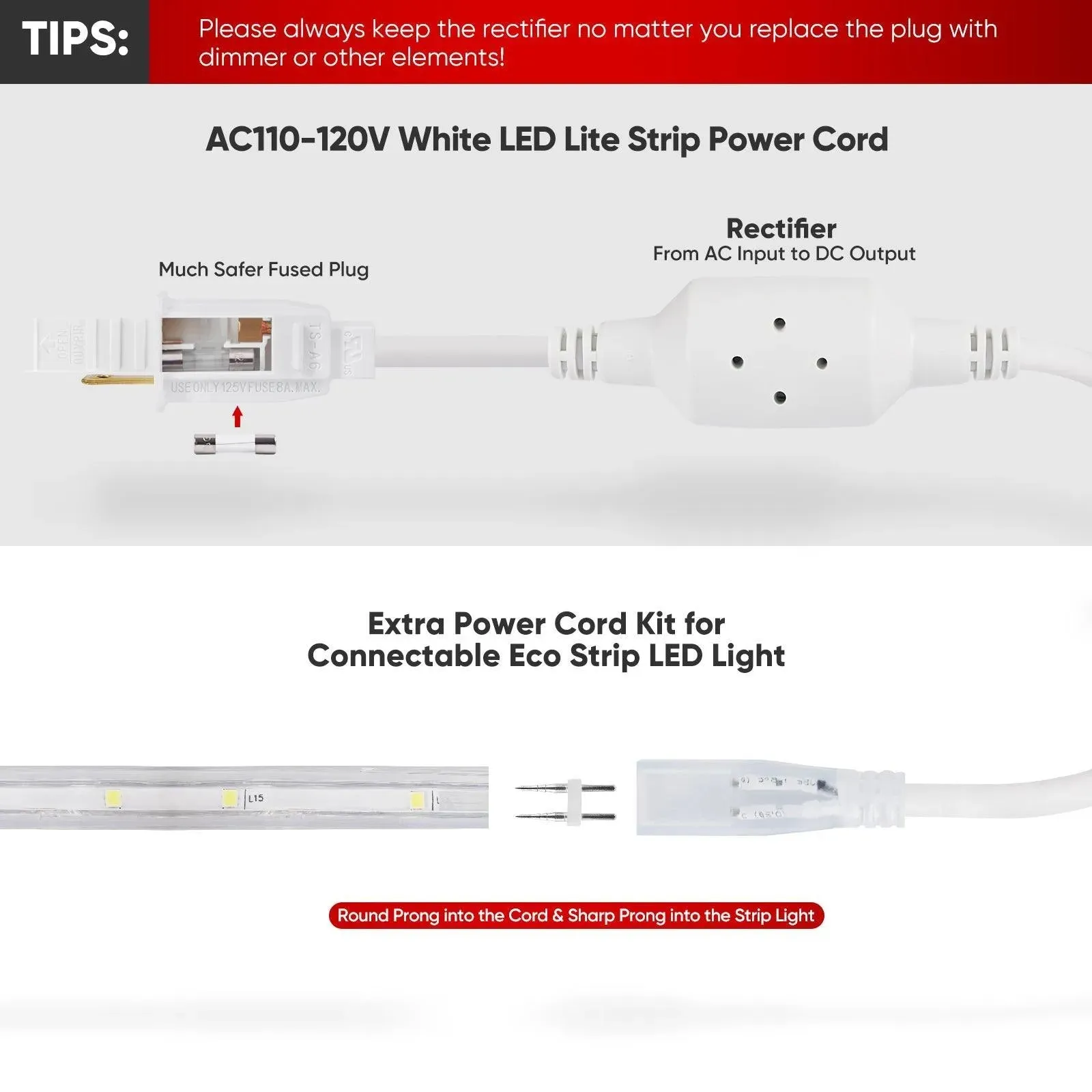 Extra Power Cord Pack for 110V 7*10mm Lite Strip