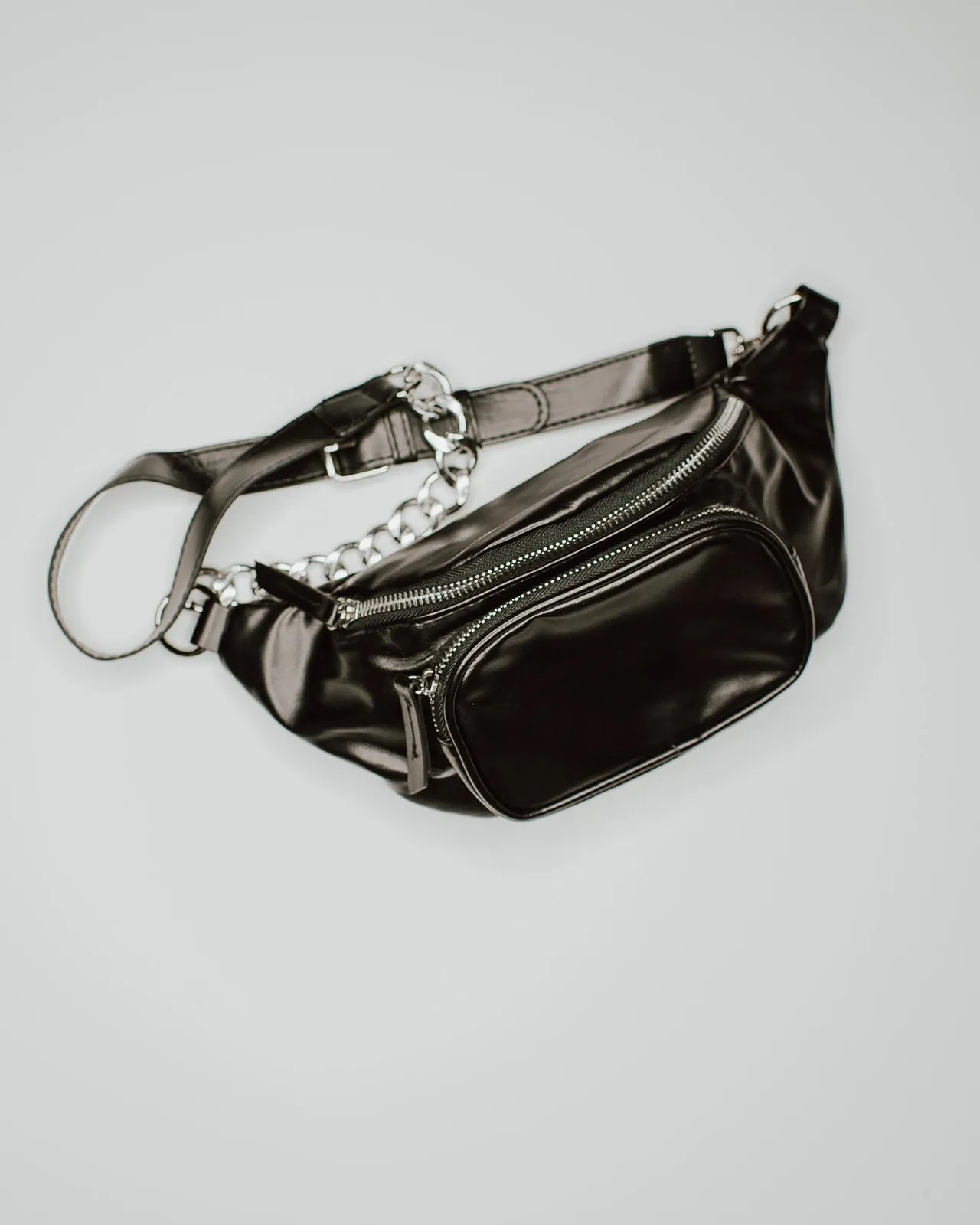 Faux Leather Chain Fanny Pack Black