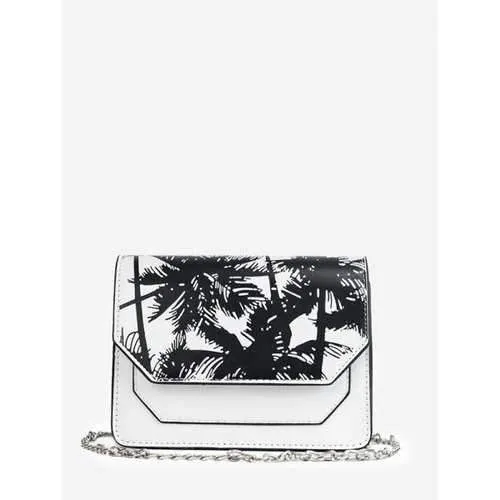 Flapped Print Metal Chain Chic Crossbody Bag - White