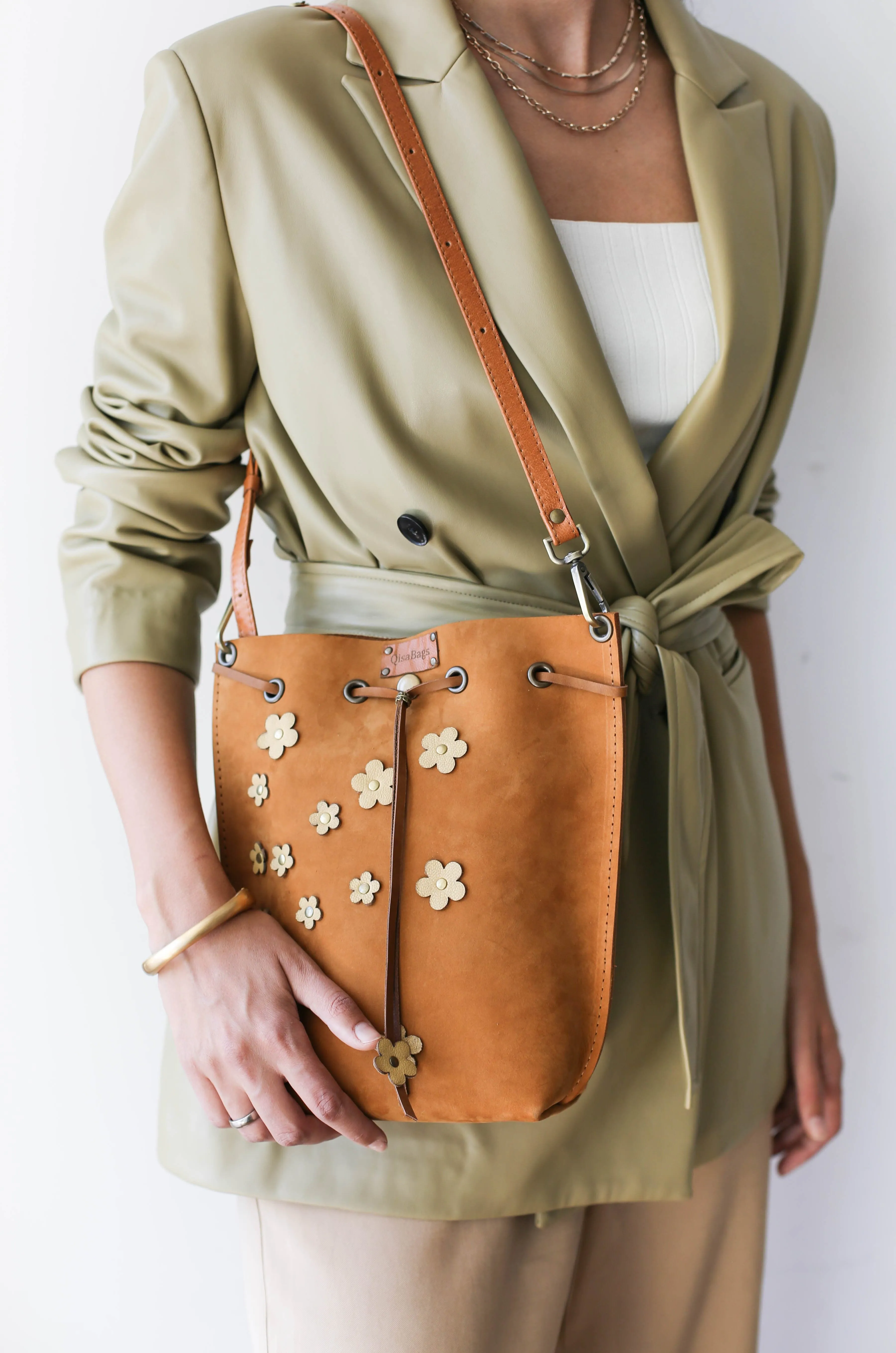 Floral Leather Bucket Bag