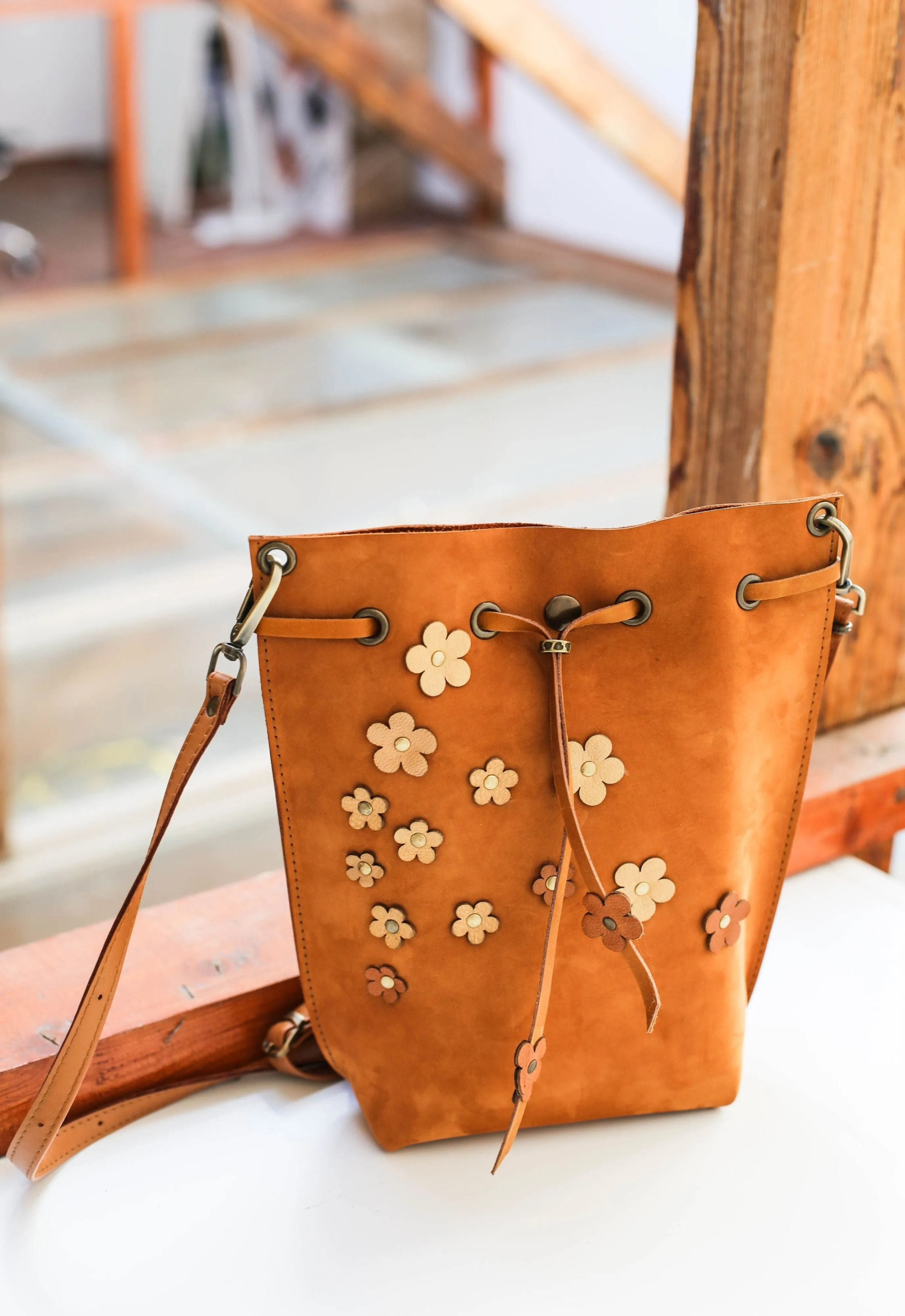 Floral Leather Bucket Bag