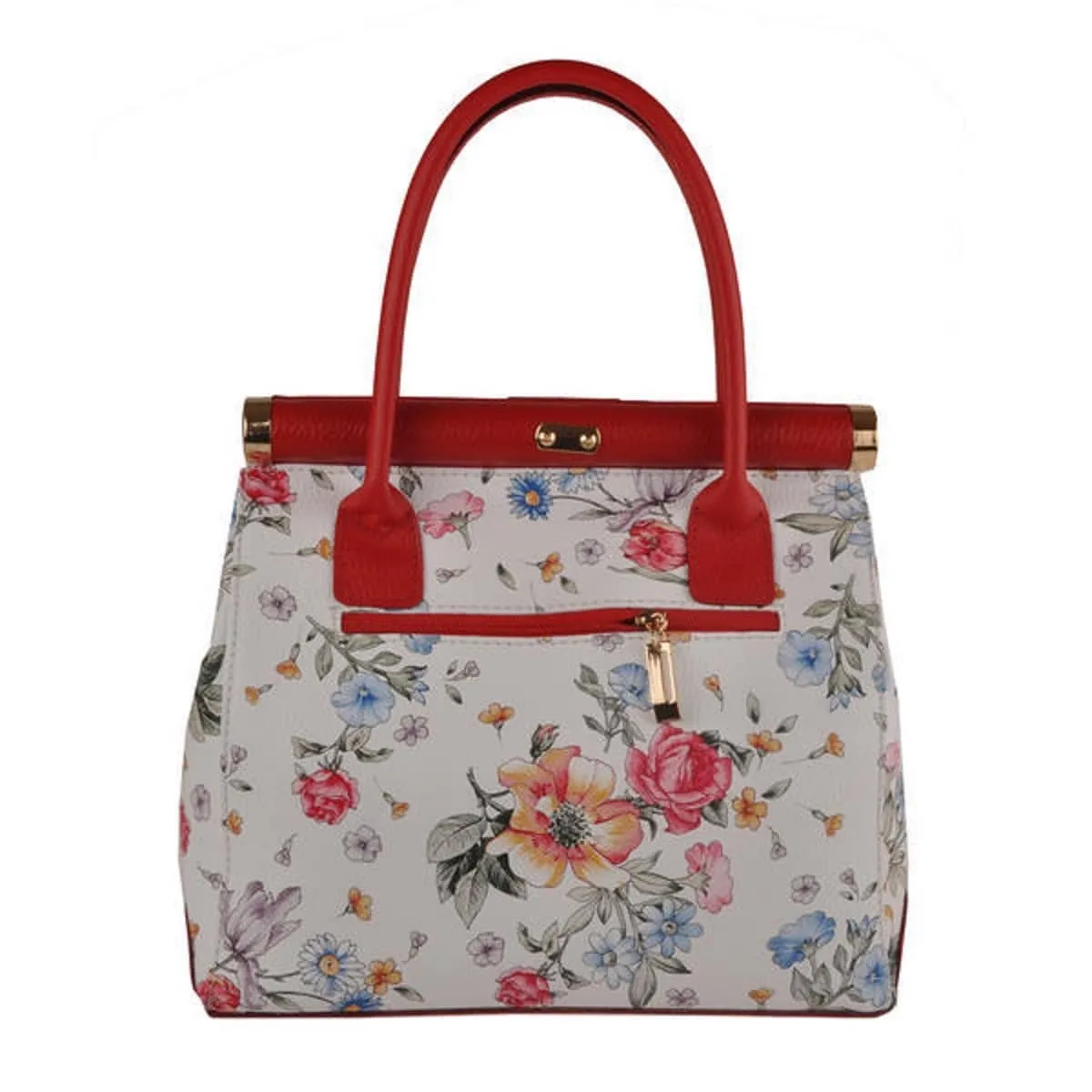 Floral Print On Leather Red Trim Medium Handbag Handmade In Italy