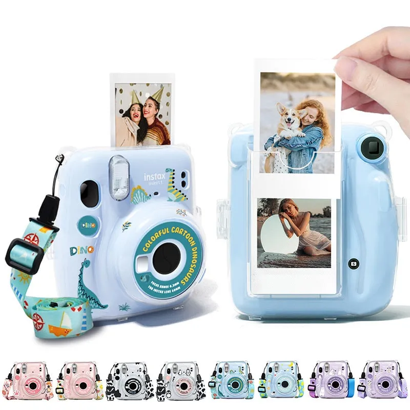 For Polaroid Instax Mini11 Crystal Transparent Protective Case Photo Storage Bag Shell Crystal Shell Strap Rope Sticker