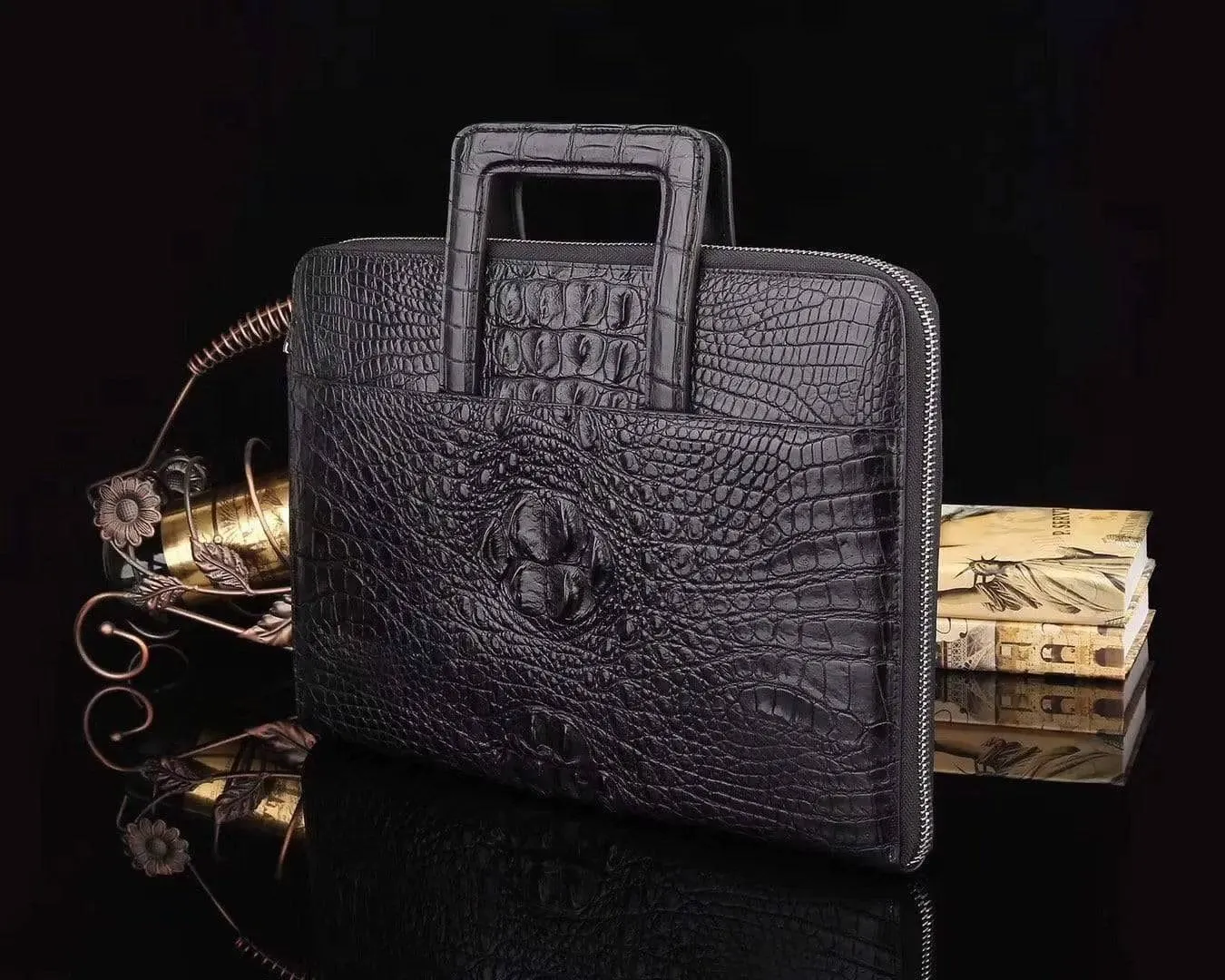 Genuine Crocodile Leather  Sqauare Handle Briefcase For Men