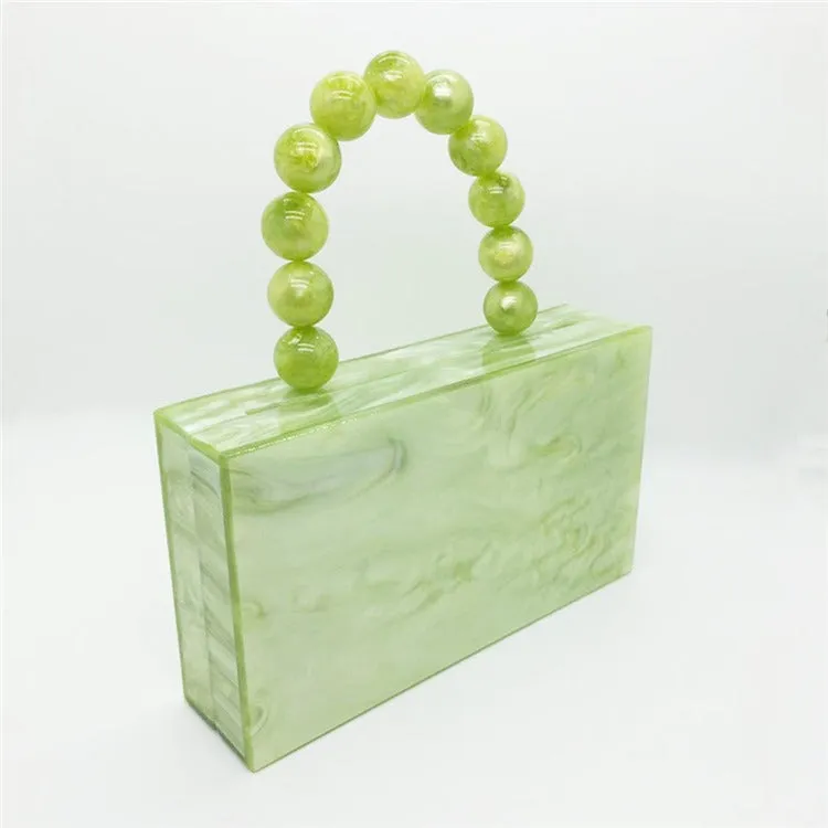 Green Acrylic Beaded Handle Square Clutch Bag